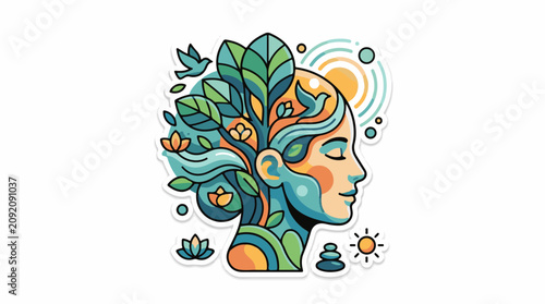 A colorful illustration of a person's head with leaves and flowers growing out of it surrounded by a bird sun and med