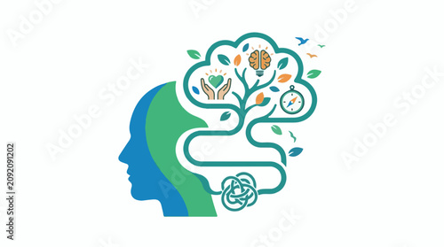 A blue and green silhouette of a human head with a tree growing out of it