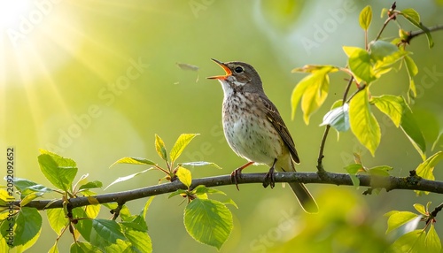 Small Songbird Singing on Leafy Branch in Sunlit Spring Forest