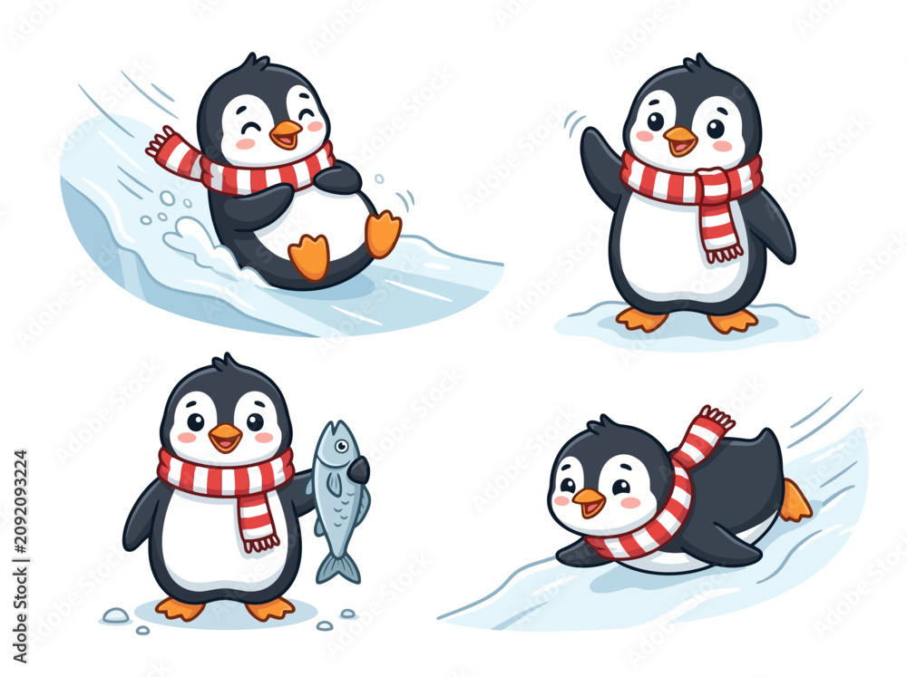 Fototapeta premium Four cute cartoon penguins wearing red and white striped scarves in various winter activities.