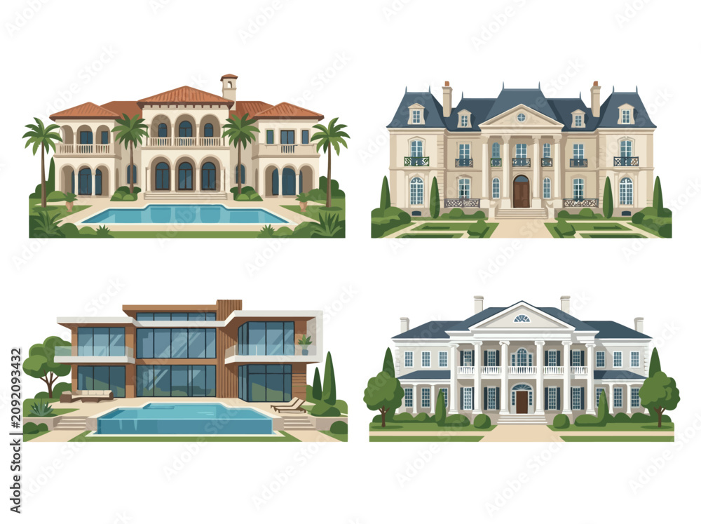 Obraz premium A collection of four distinct luxury mansion architectural styles with pools and gardens.