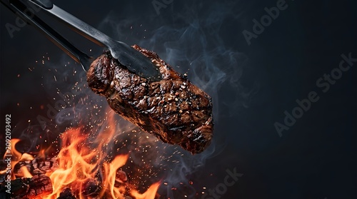 Seared steak barbecue food close up of grilled beef tenderloin with flames and smoke