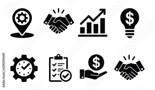 Business Operations glyph icons with financial growth, workflow analytics, profit management, strategic planning, corporate organization, and productivity symbols for digital design.