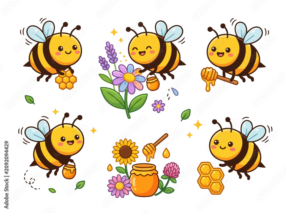 Fototapeta premium A collection of cute cartoon bees with honey pots and flowers.