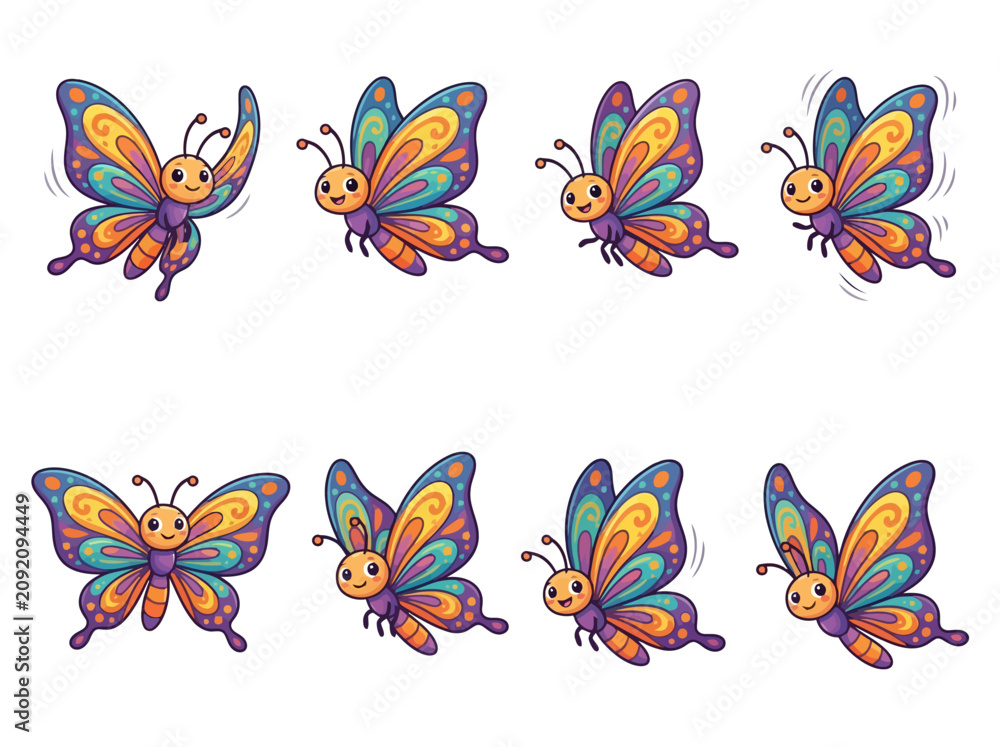 Obraz premium A collection of eight colorful cartoon butterflies in various flying poses.