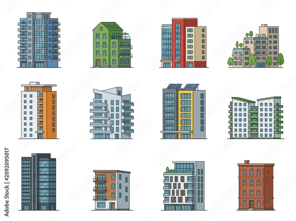 Fototapeta premium A collection of twelve diverse modern apartment buildings and residential architecture illustrations.