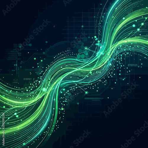 Abstract digital waves flow through a dark technological background