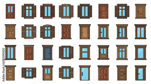 Various Windows and Doors on a Building Facade with Shutters JENDELA