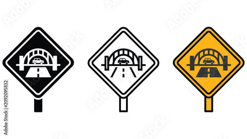 Tableau sur toile Road signs indicating tunnel ahead on highway with car  traffic and transportati