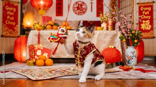 Adorable Calico Kitten Wearing Festive Outfit in Lunar New Year Home Setting