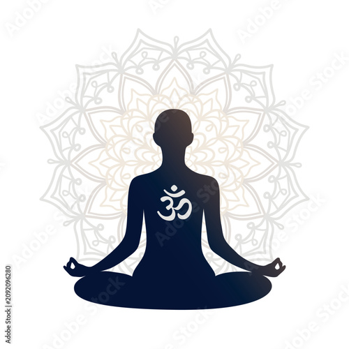 Yogana against a mandala background. A person relaxing in the lotus pose. Meditation. International Yoga Day web banner. Yoga pose in a flat design. Om or Aum i