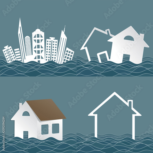 Family home, city flooded by rain. Collection. Natural disaster and catastrophe. Buildings and water waves.