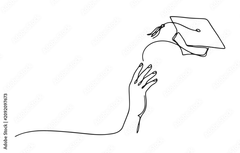 Obraz premium Continuous line art illustration of hand throwing graduation cap with graduation, academic