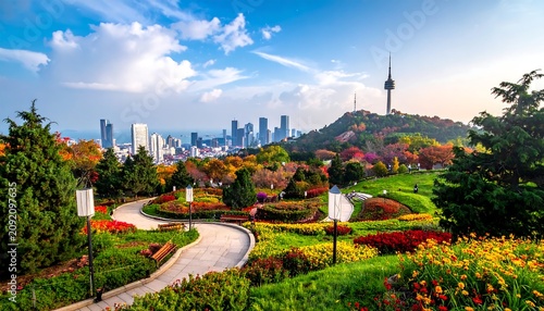 Colorful Curved Garden Path Overlooking Modern City Skyline and Hilltop Tower