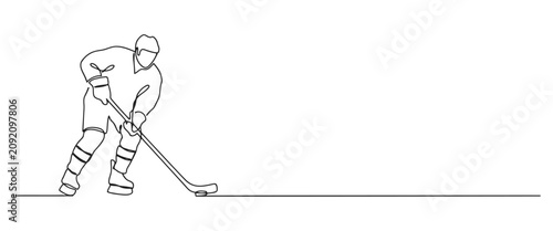Photography Continuous single line drawing of ice hockey player in playing stance with conti