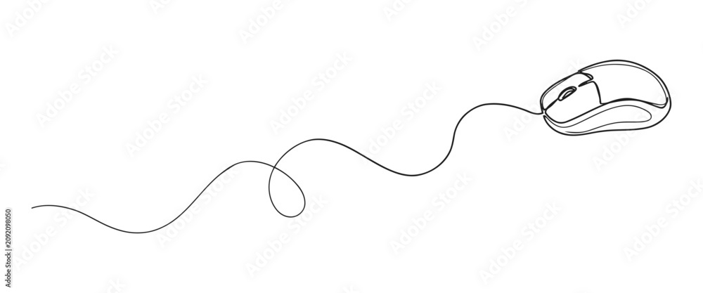 Obraz premium Computer mouse line art graphic with tangled wired cable computer peripheral technology