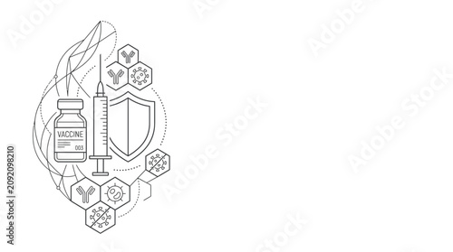 Minimalist Medical Vaccination Concept Line Art with Syringe and Shield
