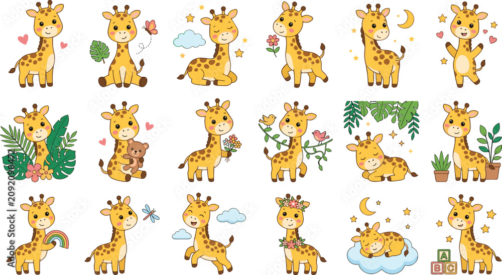 Obraz premium Cute Baby Giraffe Vector Character Set with Tropical Leaves, Flowers, and Butterflies for Children Nursery Decor, Stickers, and Birthday Cards