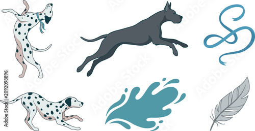 Canvastavla Active Dynamic Dogs Vector Illustration Set Featuring Running Great Dane Jumping