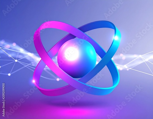 Glowing Futuristic Atom Symbol Floating in Abstract Digital Network Background