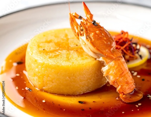 Gourmet Crustacean Garnish Resting on Round Polenta Cake in Rich Red Sauce
