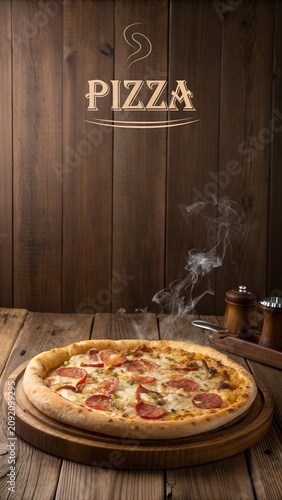 Fresh pepperoni pizza surrounded by rustic ingredients on wooden background Vertical design perfect for pizzeria advertising branding social media business promotions