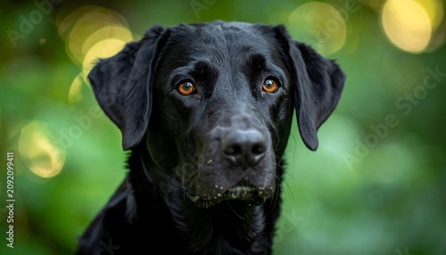 Alert Black Labrador Retriever Looking at Camera in Green Garden Background