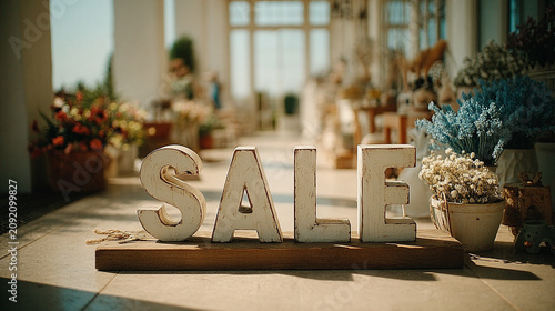 Wooden SALE letters with potted flowers and decor on a sunlit porch, cozy retail scene, warm shopping atmosphere.