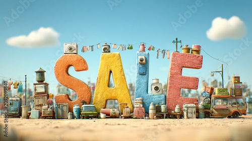 Colorful 3D SALE letters with a miniature city and balloons, vibrant retail banner, cheerful shopping atmosphere.