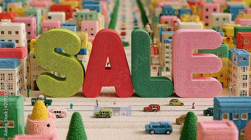 Colorful 3D SALE letters with miniature city buildings and cars, vibrant retail banner, cheerful shopping atmosphere.