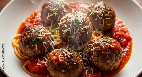 Savory Meatballs Served with Spaghetti and Tomato Sauce on White Plate