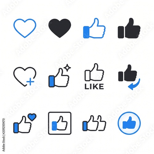 Social media like and thumbs up icon collection with heart shapes, double thumbs up, and star accents in blue and black colors. Modern clean layout.
