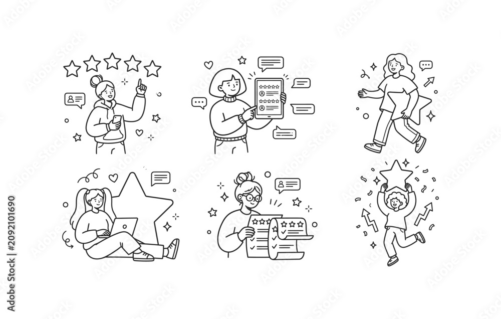 Fototapeta premium Customer review rating and user feedback survey vector illustration line icon set
