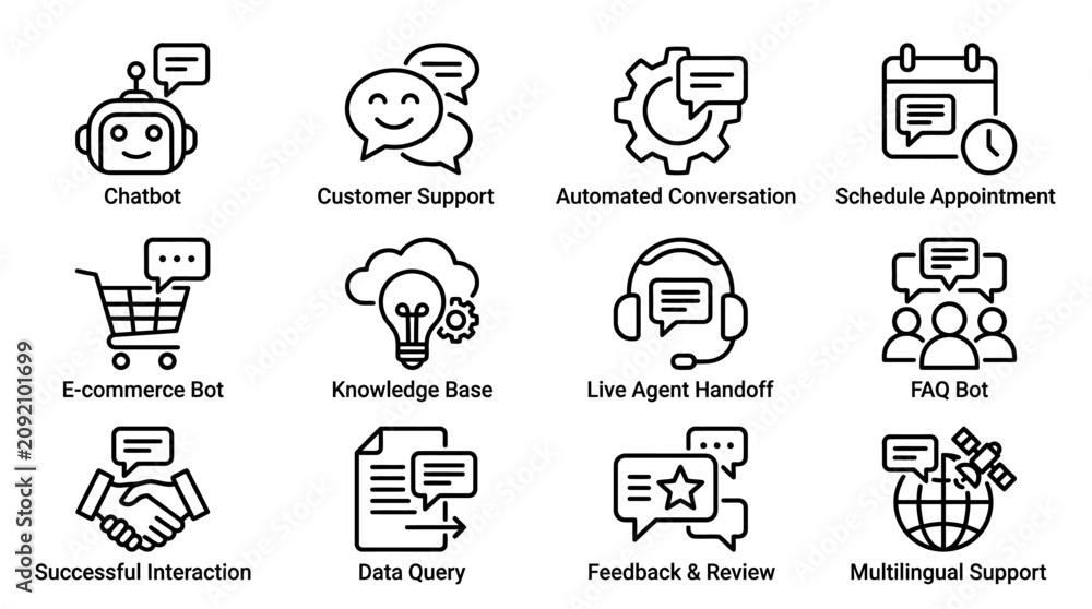 Fototapeta premium Chatbot and Customer Service Technology Outline Icons Set - Digital Support Line Art