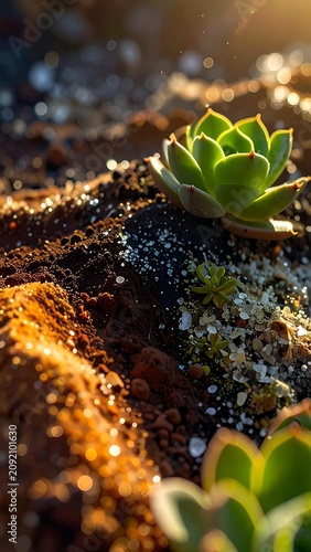 Sunlit Green Succulent Growing in Sandy Soil with Soft Bokeh Background