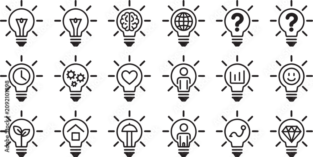 Fototapeta premium Light bulb icons set with different symbols inside on transparent background vector illustration