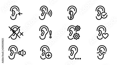 Black  White Line Art Hearing Ear Icons for Audiology, Sound, Medical, Technology  Accessibility