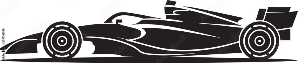 Obraz premium Stylized black silhouette of a modern formula one racing car side view on white background vector graphic.
