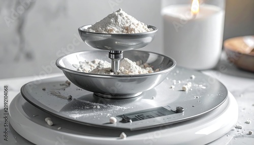 Minimal Metal Bowls Holding White Flour on Digital Kitchen Scale in Soft Lit Countertop Setting