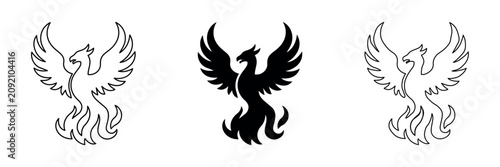 Photos Mythical phoenix bird rising from flames in outline and silhouette styles