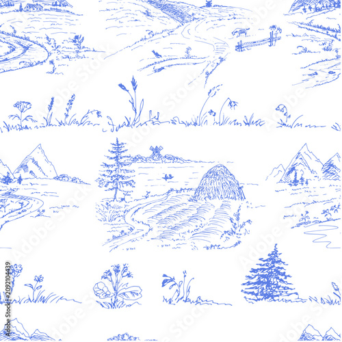 Fields, windmills, hayfields, mountains, blue toile de Jouy pattern for wallpaper and textiles.