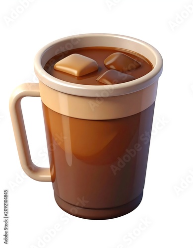 Translucent Brown Mug Holding Iced Coffee on Plain Gray Background