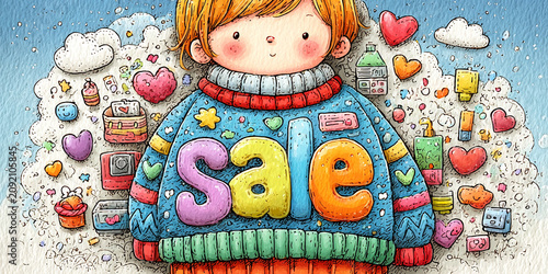 Colorful illustration of a child in a patterned sweater with SALE text, cheerful retail banner, playful shopping theme.