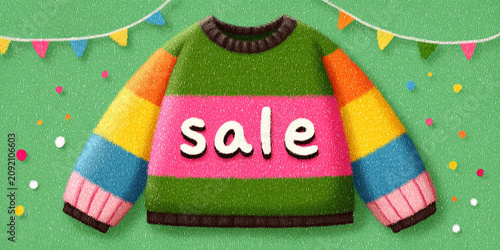 Colorful striped sweater with bold SALE panel and festive trim, vibrant retail banner, cheerful shopping atmosphere.