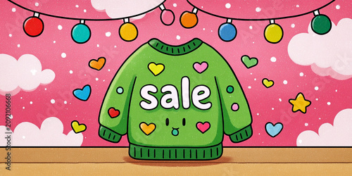 Green sweater with 'sale' text and heart motifs under festive garlands, vibrant retail banner, cheerful shopping theme.