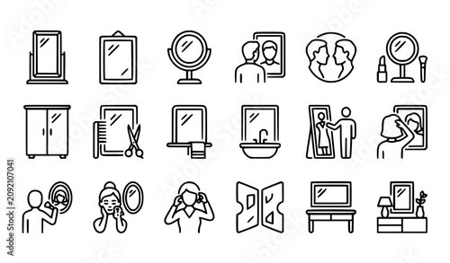 Фотография Minimal mirror icon collection with person reflection bathroom vanity and dressi