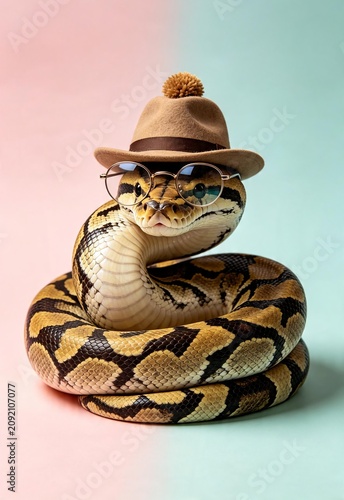 Tapety artystyczne Python snake wearing hat and glasses on pastel background