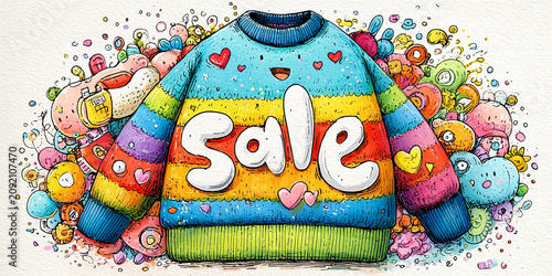 Bright multicolored sweater with bold SALE text and playful embellishments, vibrant retail banner, cheerful shopping atmosphere.