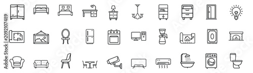 Foto Home interior furniture and appliance line icons set with comfortable armchair, living room sofa, kitchen refrigerator, double bed & more vector illustration with editable stroke