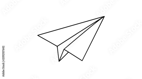 Angled paper airplane vector illustration in clean hand-traced black outline, minimalist folded flight symbol for email send buttons, travel themes, navigation, startup launch, and scalable SVG